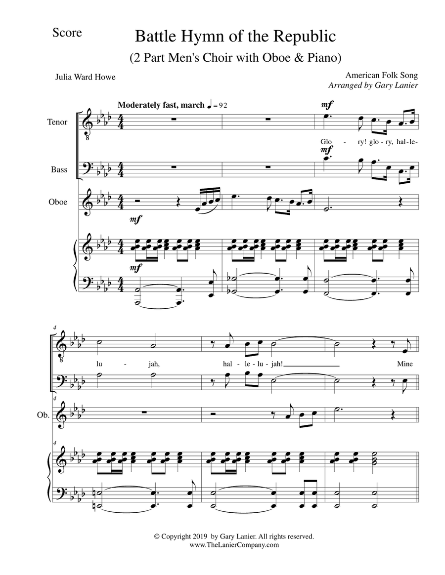 BATTLE HYMN OF THE REPUBLIC (for 2 Part Men's Choir with Oboe and Piano) TB scores gallery preview page 2