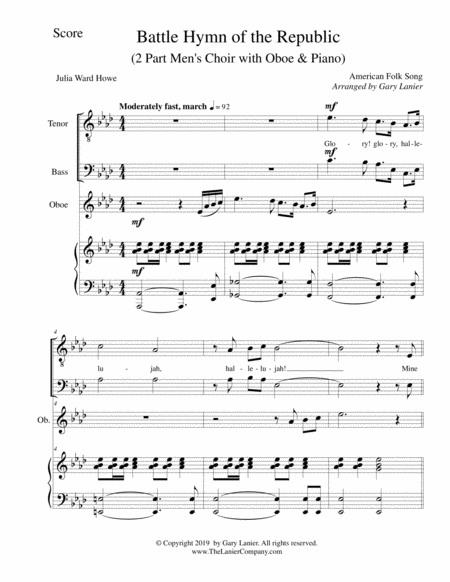 BATTLE HYMN OF THE REPUBLIC (for 2 Part Men's Choir with Oboe and Piano) image number null