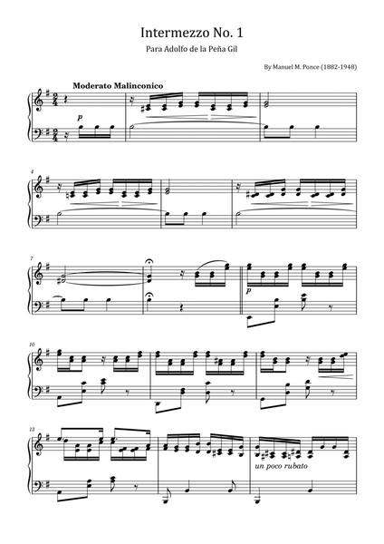 Intermezzo No. 1 - Para Adolfo de la Peña Gil - Original For Piano Solo image number null