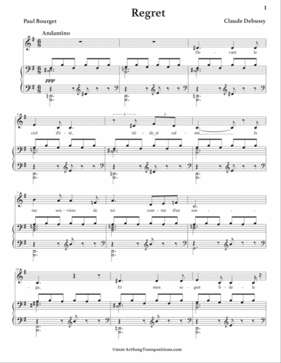 DEBUSSY: Regret (transposed to G major) Voice scores gallery preview page 2