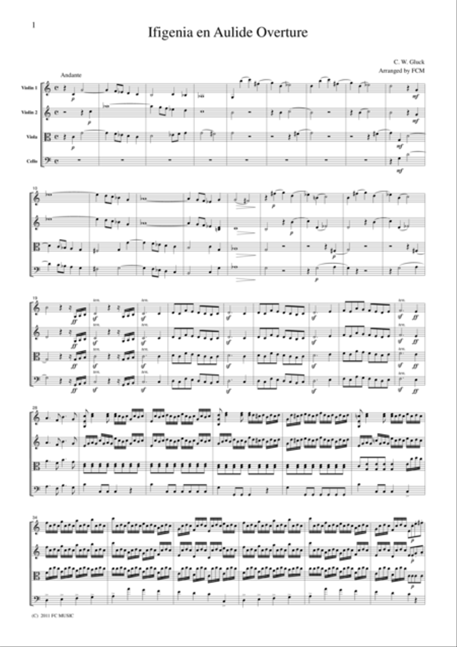 Gluck Ifigenia en Aulide Overture, for string quartet, CG303 String Quartet scores gallery preview page 1
