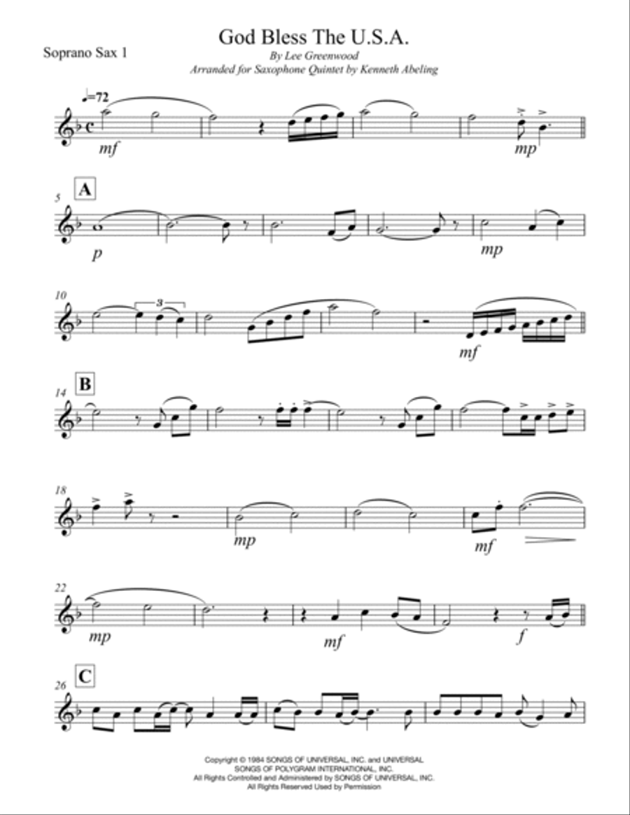 God Bless The U.s.a. Saxophone Quintet scores gallery preview page 6