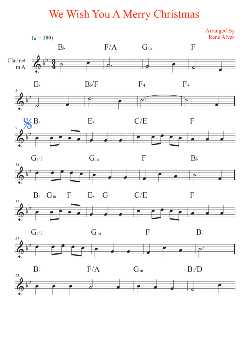 We Wish You A Merry Christmas, sheet music and clarinet melody in A for the beginning musician (easy image number null