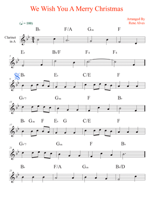We Wish You A Merry Christmas, sheet music and clarinet melody in A for the beginning musician (easy
