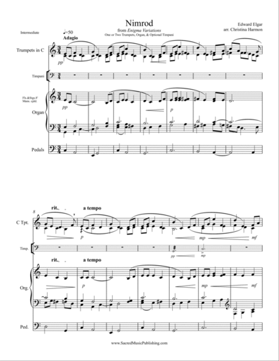 Nimrod from Enigma Variations for One or Two Trumpet and Organ with Optional Timpani Trumpet Duet scores gallery preview page 2