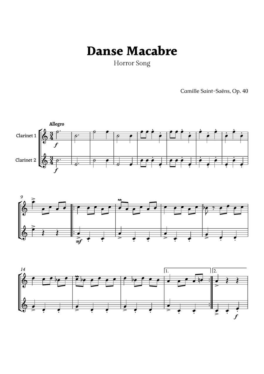 Danse Macabre by Camille Saint-Saëns Clarinet Duet scores gallery preview page 1