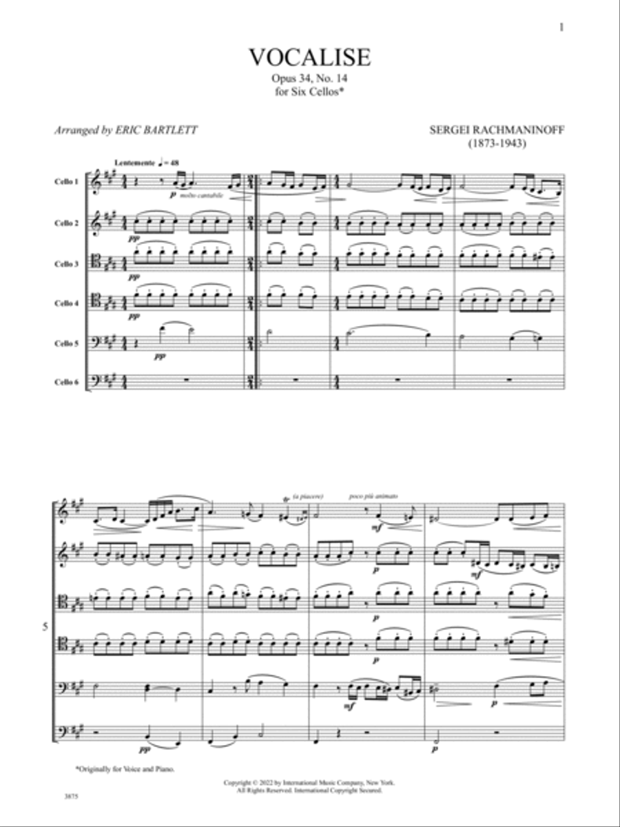 Vocalise, Op. 34, No. 14, for Six Cellos Set of Parts scores gallery preview page 2