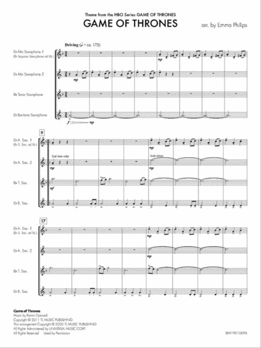Game of Thrones Saxophone Quartet scores gallery preview page 3