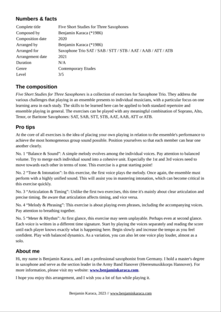 Five Short Studies for Three Saxophones Woodwind Trio scores gallery preview page 2