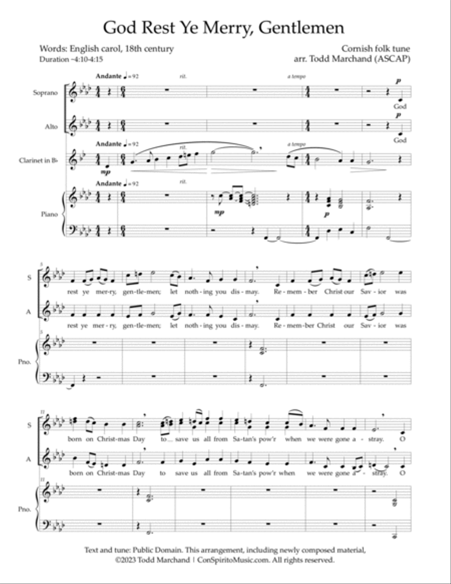 God Rest Ye Merry, Gentlemen (Cornish folk tune) — SATB voices, clarinet, piano 4-Part scores gallery preview page 3