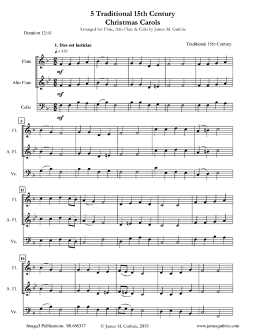 5 Traditional 15th Century Christmas Carols for Flute, Alto Flute & Cello Flute scores gallery preview page 1