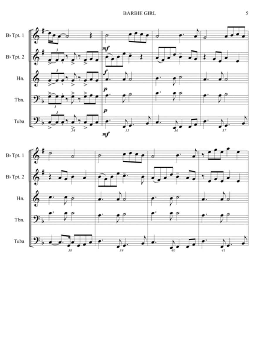 Barbie Girl Brass Quintet scores gallery preview page 5