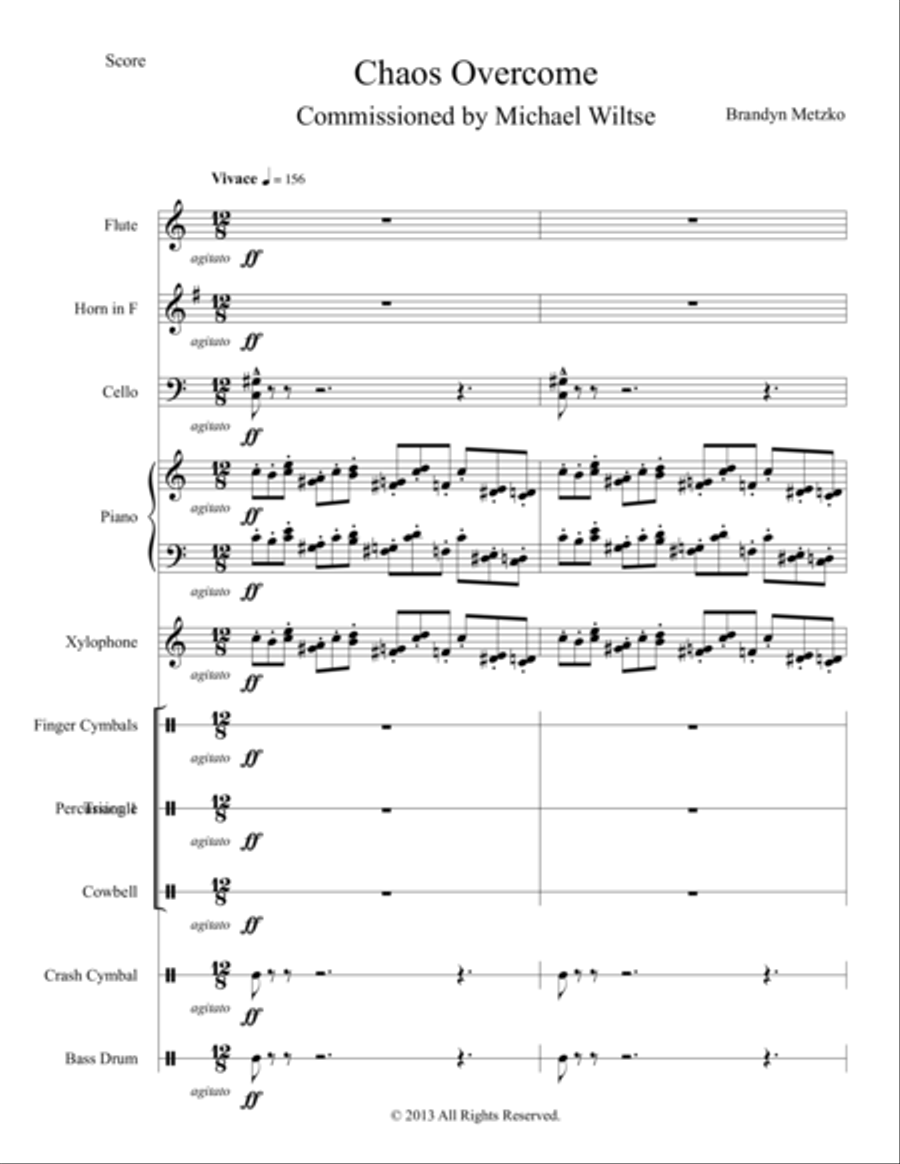 Chaos Overcome for Mixed Ensemble (Flute, French Horn, Cello, Piano, Xylophone, and assorted Percuss Small Ensemble scores gallery preview page 1