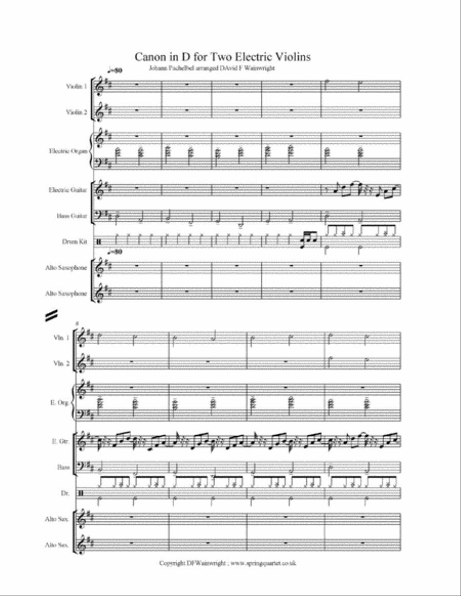 Pachelbel Canon for Electric Violin Duo with band parts and backing track on mp3 Small Ensemble scores gallery preview page 1