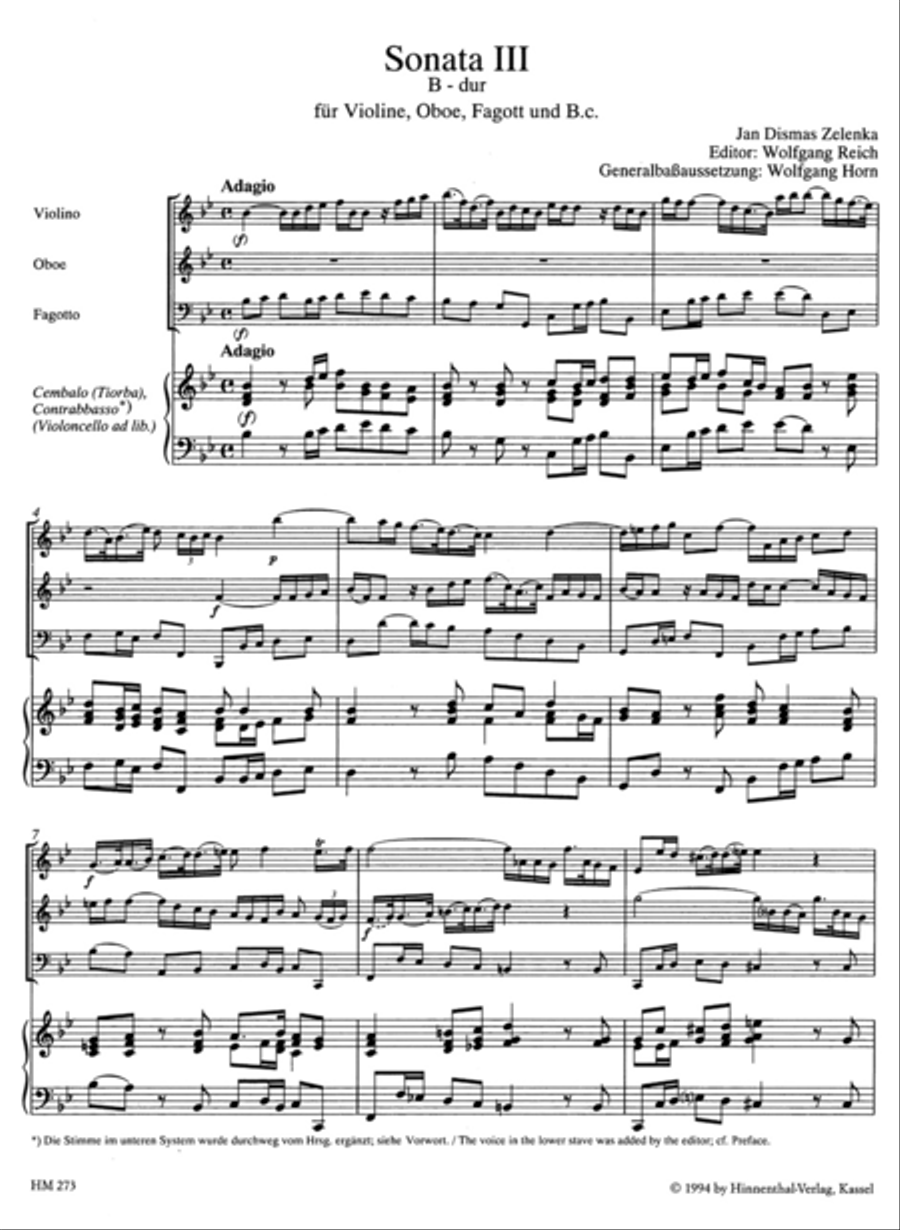 6 Sonaten fur 2 Oboen oder Violine und Oboe, Fagott (Violoncello) und Basso continuo. Heft 3 (Sonate III) B flat major ZWV 181/3 Bassoon scores gallery preview page 2