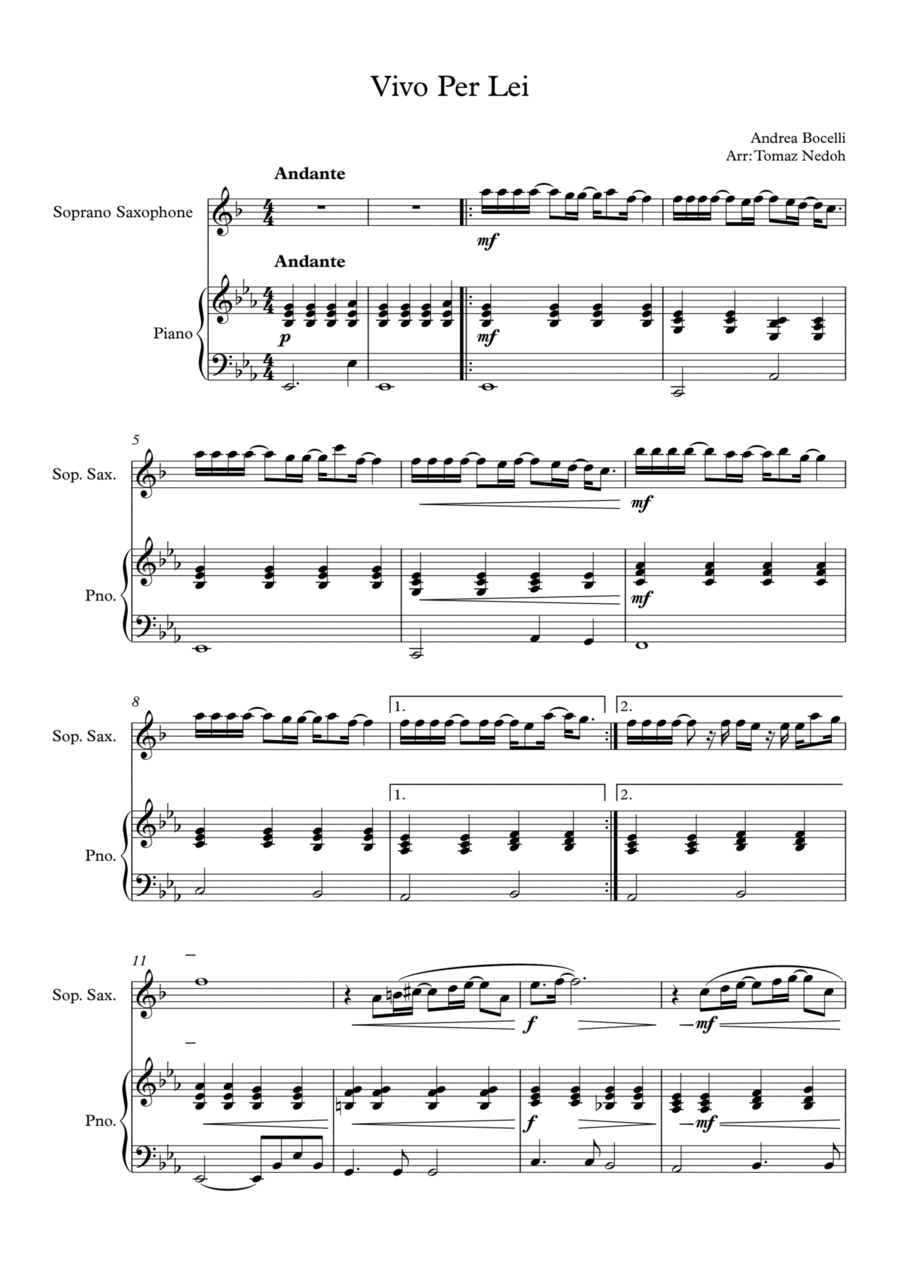 Vivo Per Lei Soprano Saxophone scores gallery preview page 1
