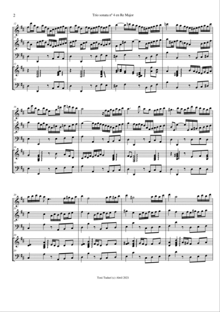 Trio sonata nº4 in D Major for flute, violin & cello or 2 violins & cello and basso continuo (SCORE Small Ensemble scores gallery preview page 2