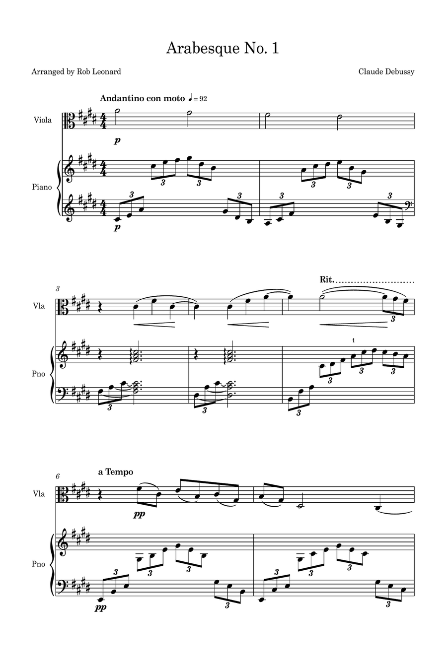 Arabesque No.1 (Simplified for Viola and Piano) Piano scores gallery preview page 1