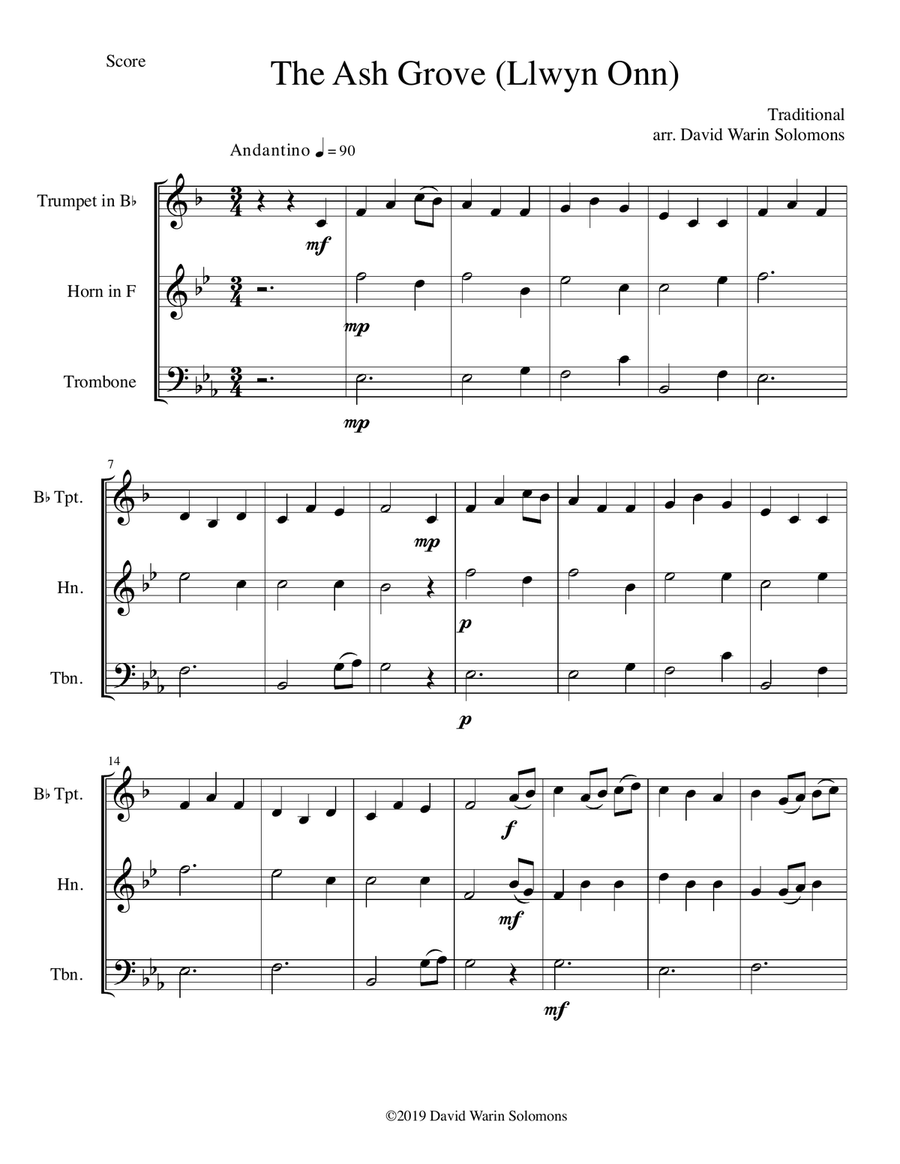 The Ash Grove (Llwyn Onn) for brass trio (trumpet, horn, trombone) Brass Trio scores gallery preview page 1