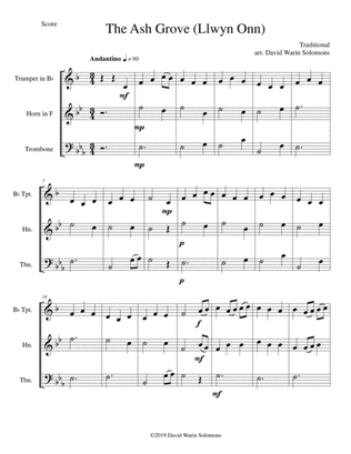 Book cover for The Ash Grove (Llwyn Onn) for brass trio (trumpet, horn, trombone)