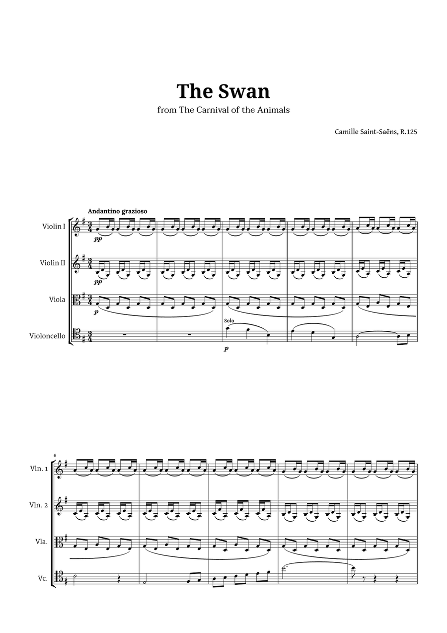 The Swan by Saint-Saëns for String Quartet