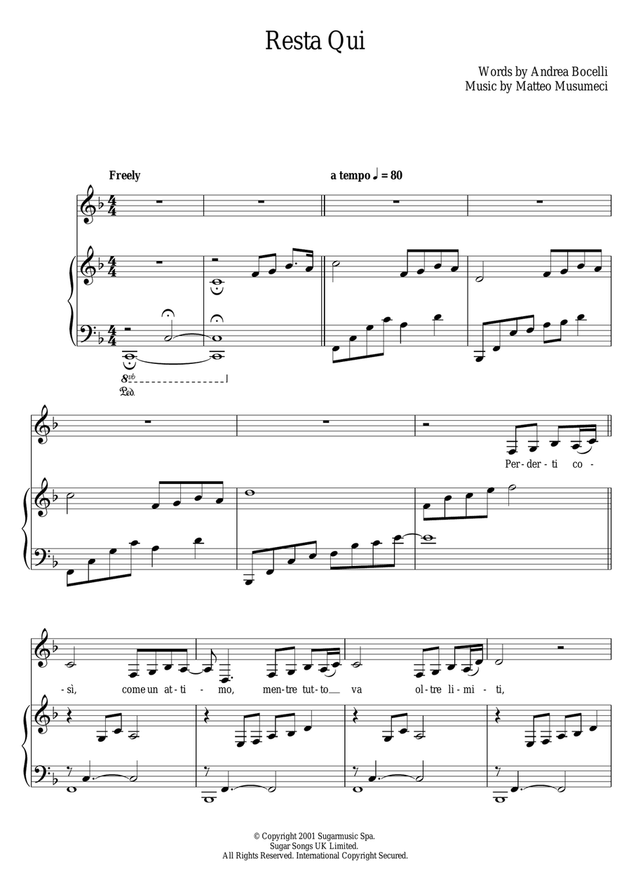 Resta Qui Piano, Vocal, Guitar scores gallery preview page 1