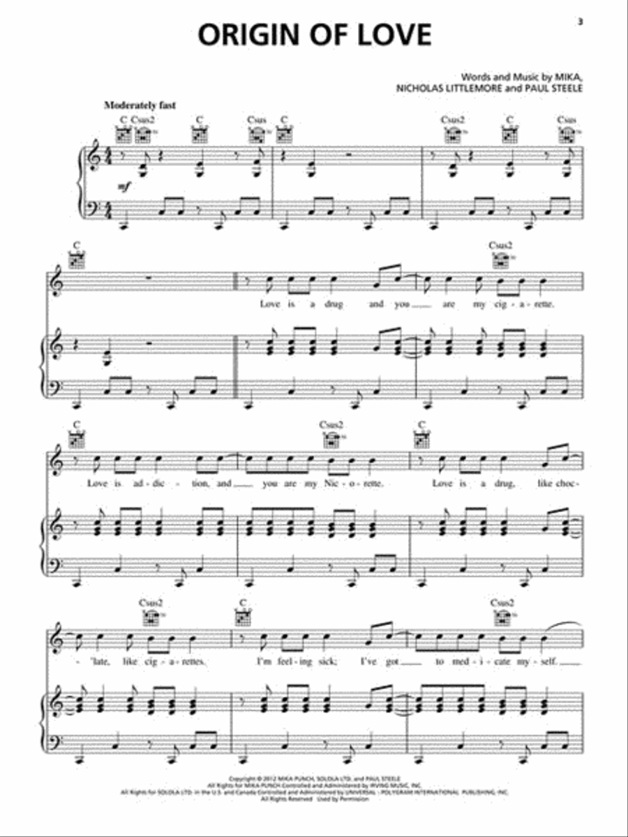 Mika - The Origin of Love Piano, Vocal, Guitar scores gallery preview page 3