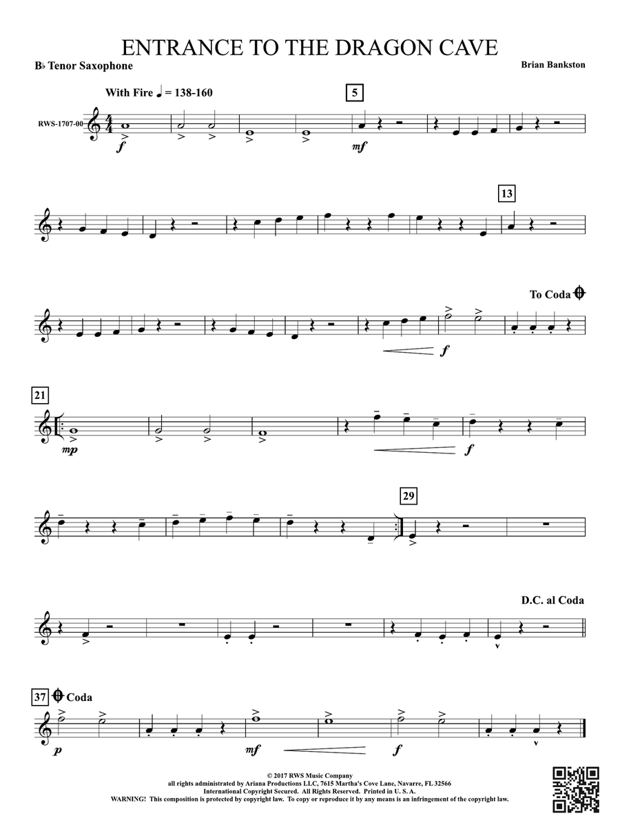 Entrance to the Dragon Cave: B-flat Tenor Saxophone Tenor Saxophone scores gallery preview page 1