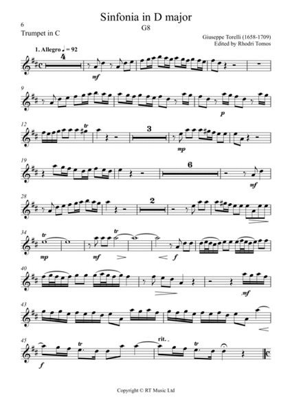 Torelli G8 Sinfonia in D major. Trumpet solo sheet music.