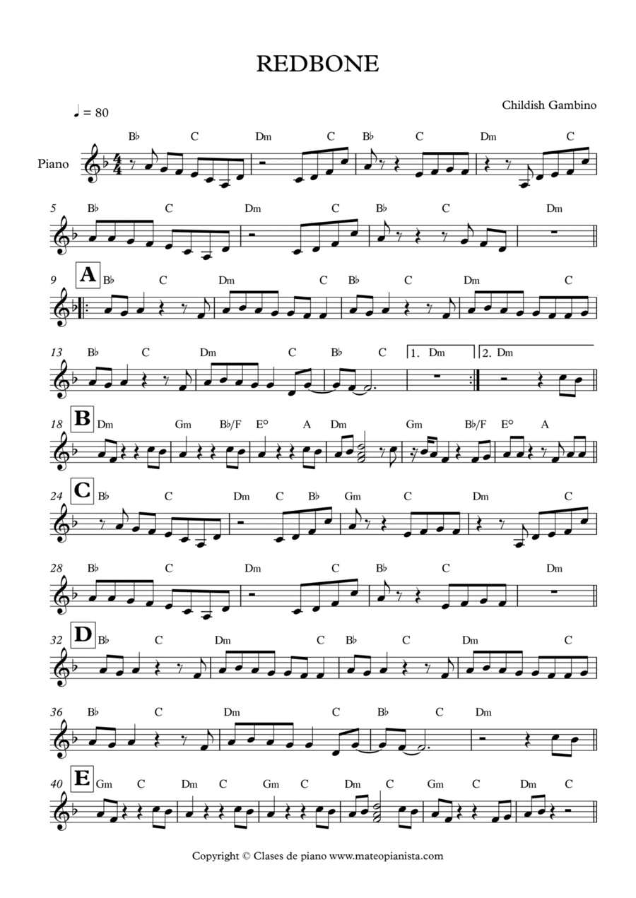 Redbone Piano Solo scores gallery preview page 1