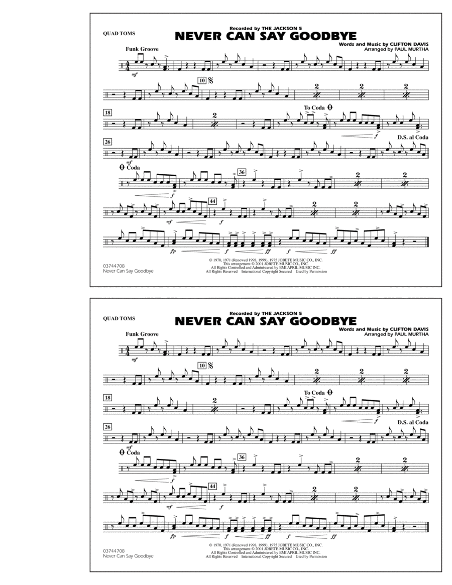 Never Can Say Goodbye - Quad Toms Marching Band scores gallery preview page 1