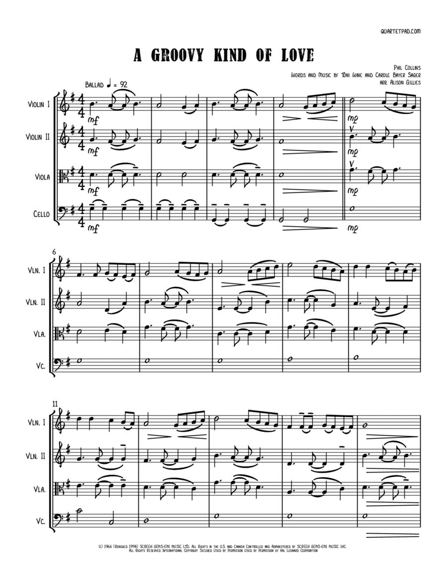 A Groovy Kind Of Love String Quartet scores gallery preview page 1