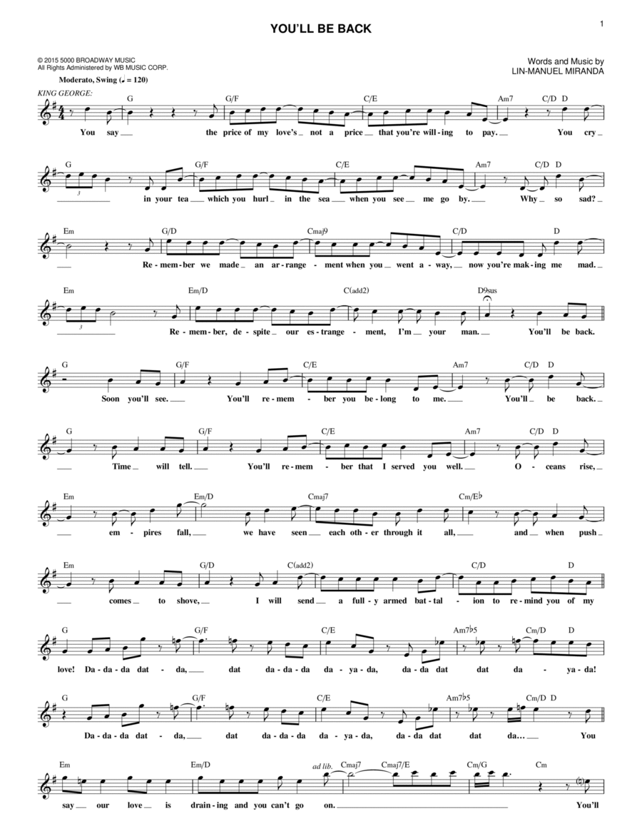 You'll Be Back (from Hamilton) Piano scores gallery preview page 1