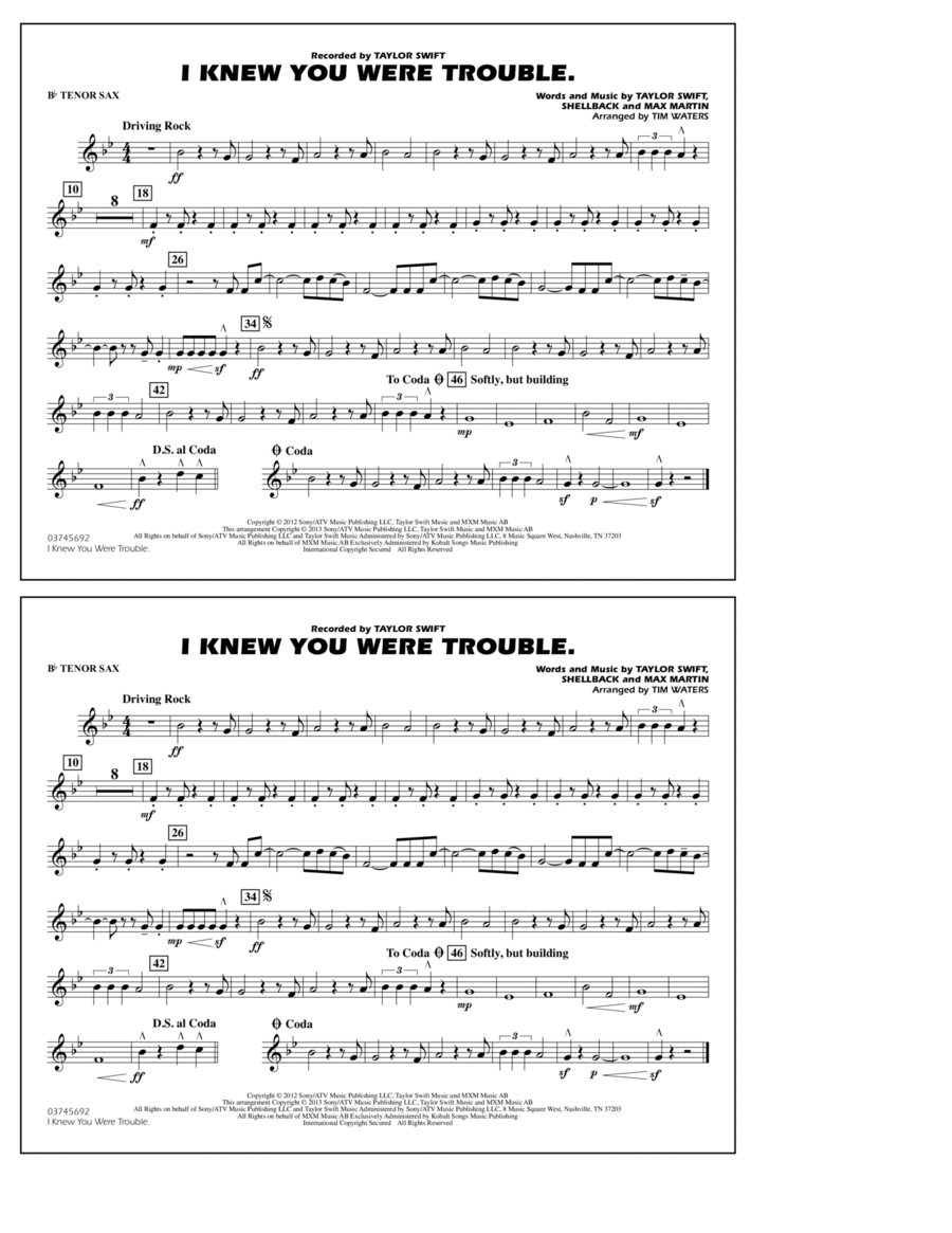 I Knew You Were Trouble - Bb Tenor Sax Marching Band scores gallery preview page 1