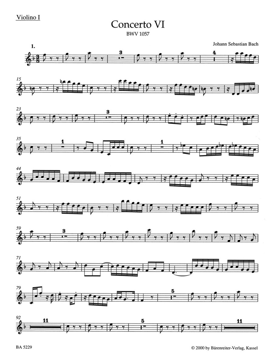 Concerto for Harpsichord, zwei Blockfloten und Streicher No. 6 F major BWV 1057 Recorder scores gallery preview page 1