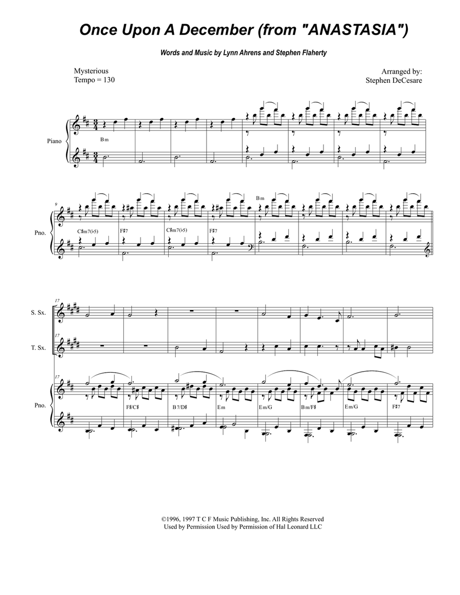 Once Upon A December from the Twentieth Century Fox Motion Picture ANASTASIA Tenor Saxophone scores gallery preview page 1