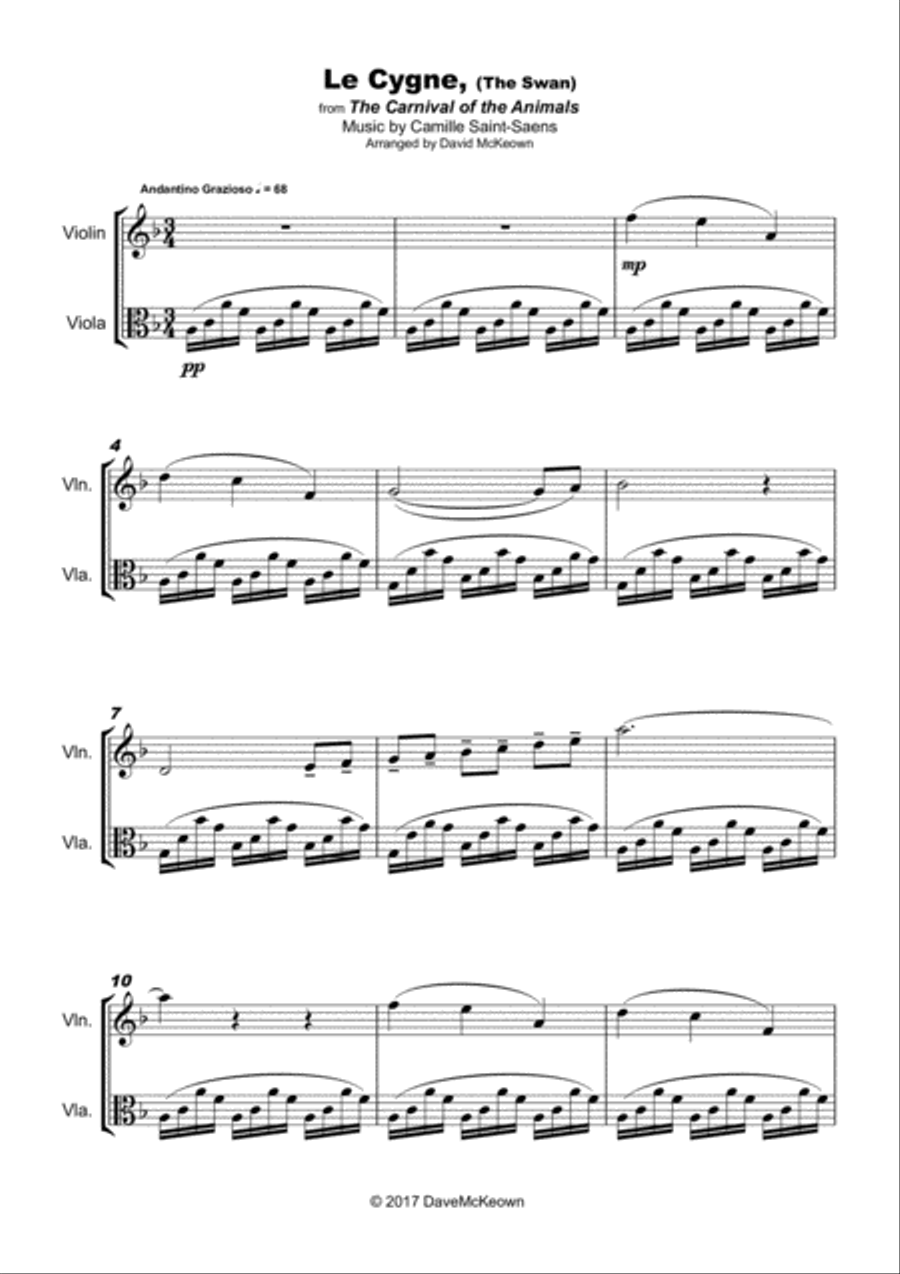 The Swan, (Le Cygne), by Saint-Saens, Duet for Violin and Viola String Duet scores gallery preview page 1