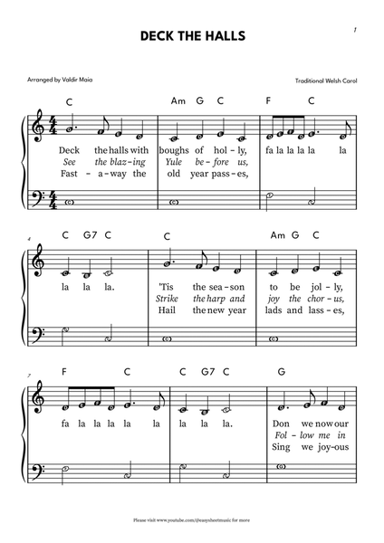 Deck The Halls - Easy Beginner Piano with NOTE NAMES (Chords and Lyrics) image number null