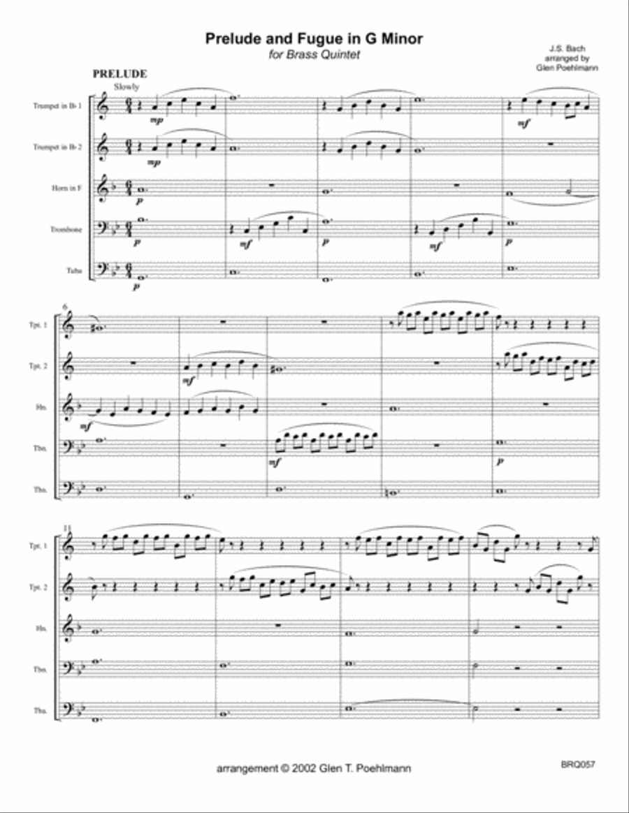 PRELUDE and FUGUE in G MINOR (J.S. Bach) for BRASS QUINTET Brass Quintet scores gallery preview page 1