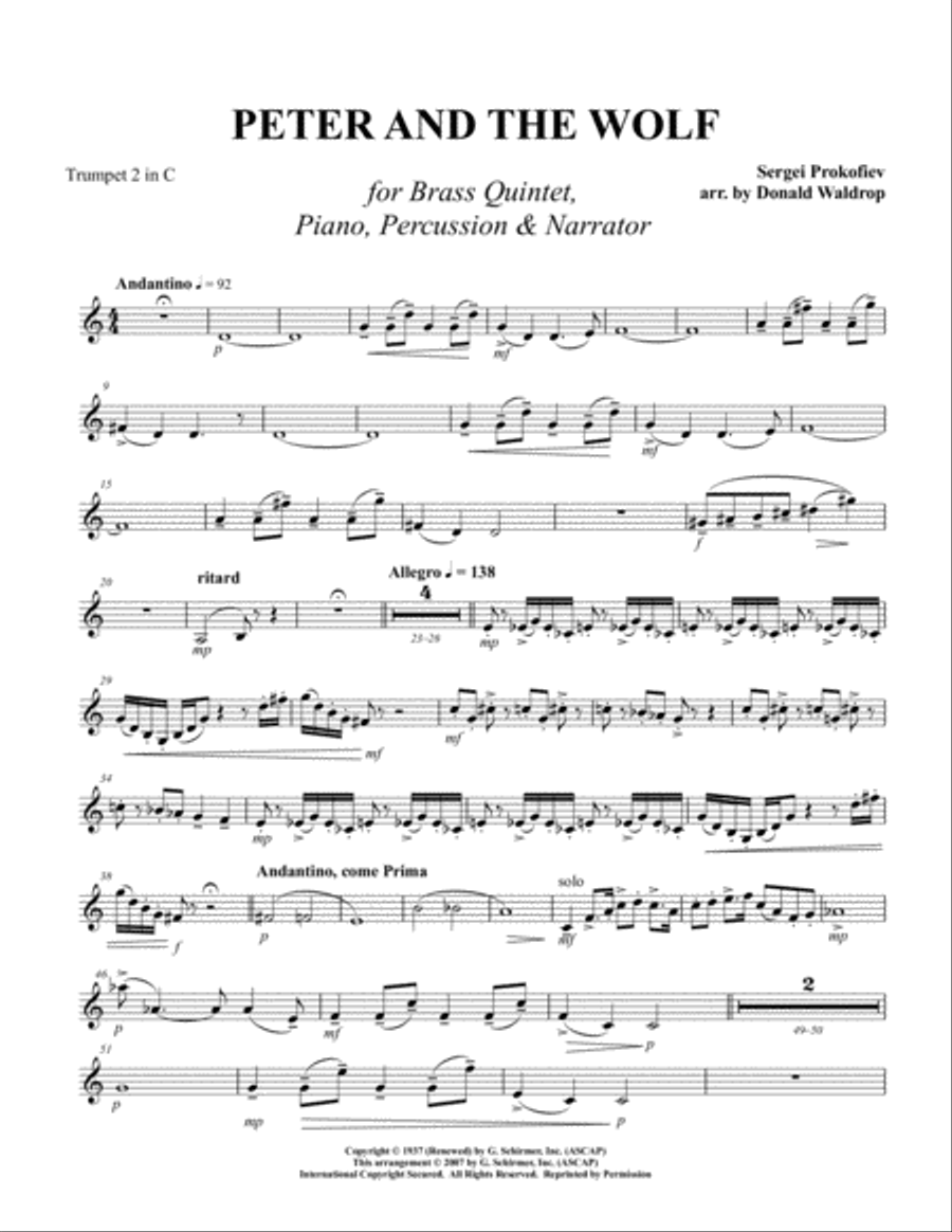 Peter and the Wolf for Brass Quintet, Piano, Percussion and Narrator image number null