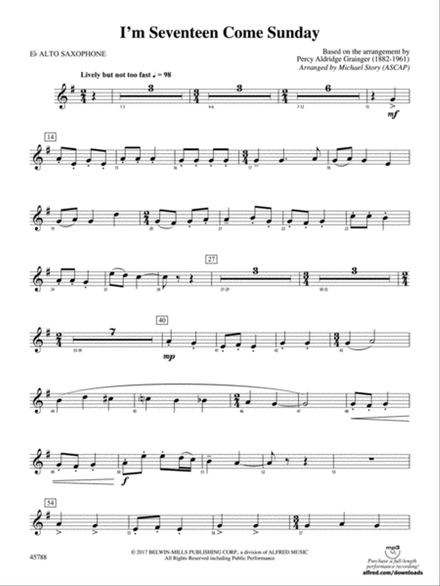 I'm Seventeen Come Sunday: E-flat Alto Saxophone Concert Band scores gallery preview page 1