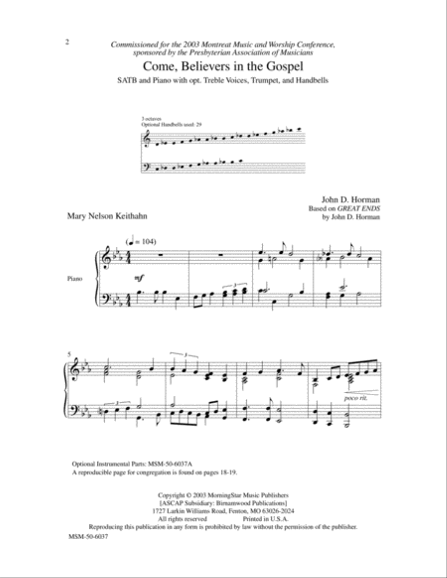 Come, Believers in the Gospel 4-Part scores gallery preview page 2