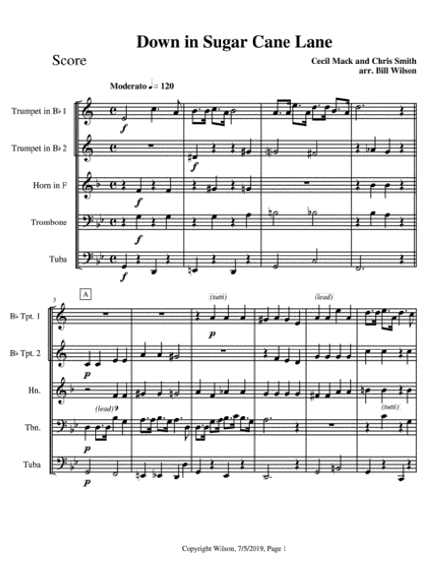 Down in Sugar Cane Lane Brass Quintet scores gallery preview page 2