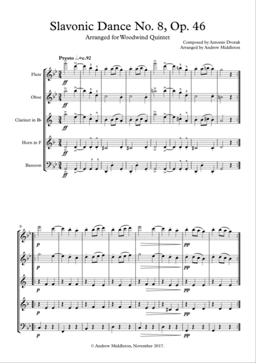 Slavonic Dance No. 8, Op. 46 arranged for Woodwind Quintet image number null