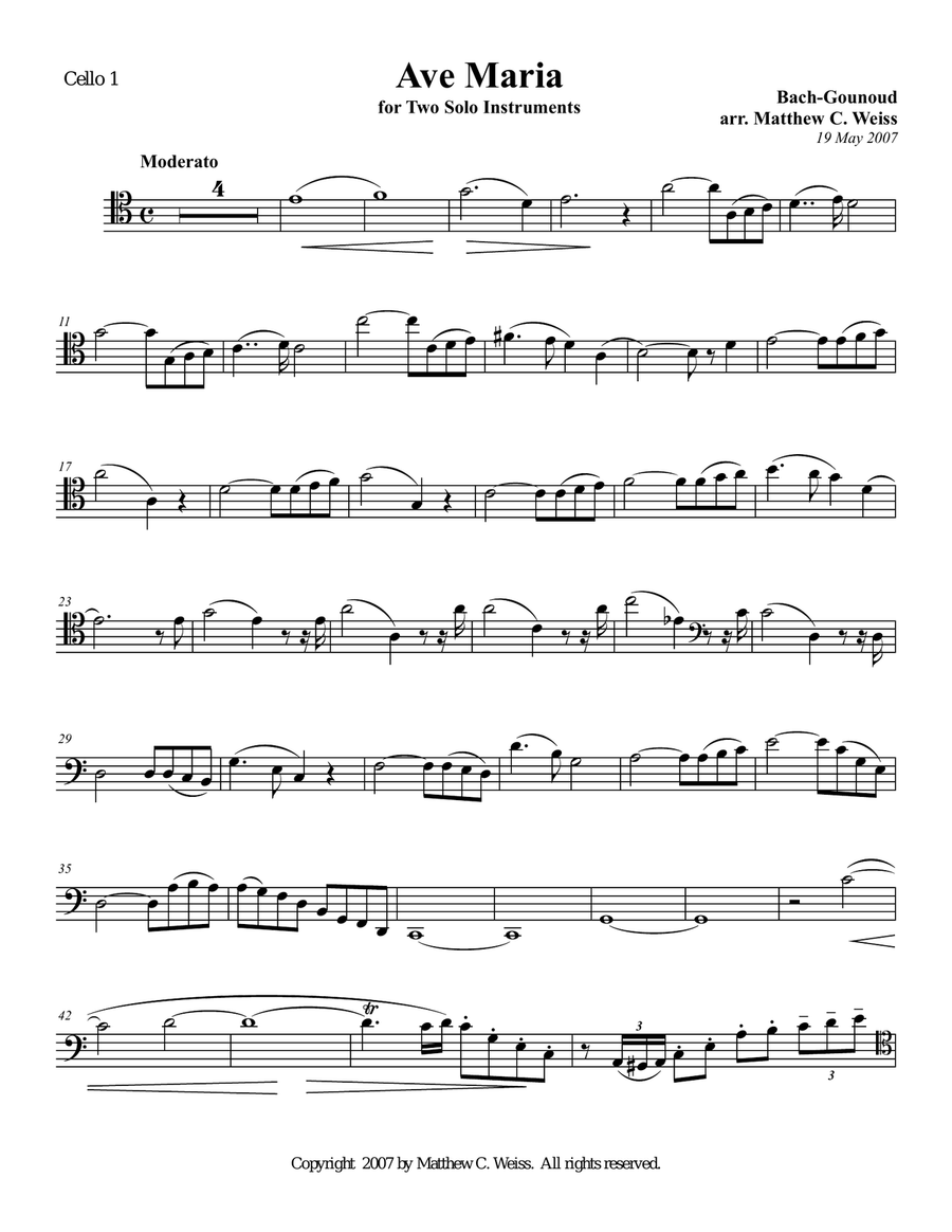 Ave Maria for Two Solo Instruments - Cello 1 Cello Solo scores gallery preview page 1