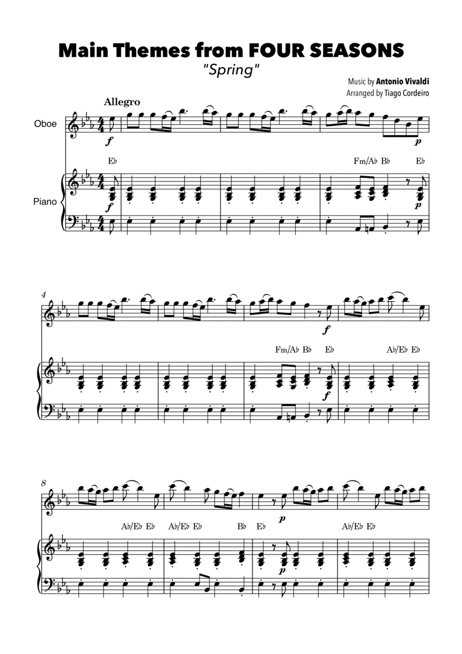 Main Themes from Four Seasons “Spring” Antonio Vivaldi Tiago Cordeiro Chamber Music scores gallery preview page 1
