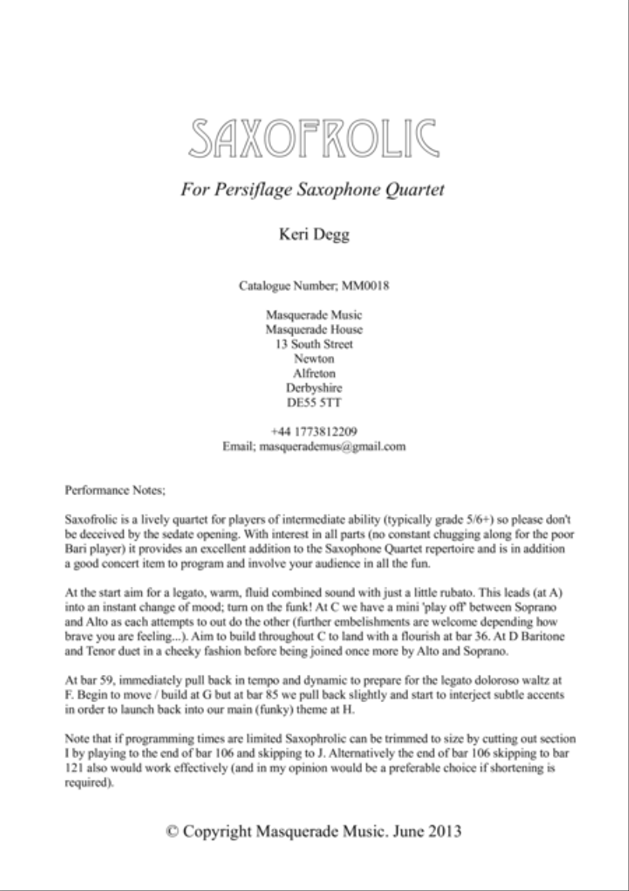 Saxofrolic (SATB Saxophone Quartet) Saxophone Quartet scores gallery preview page 1