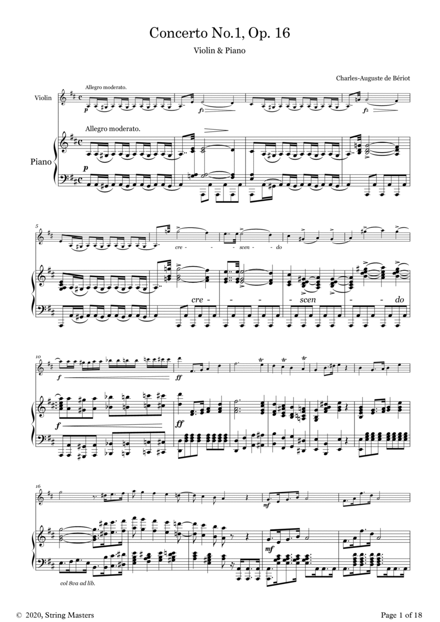 Concerto No 1, Op 16 Violin (de Beriot) Violin and Piano Violin scores gallery preview page 1
