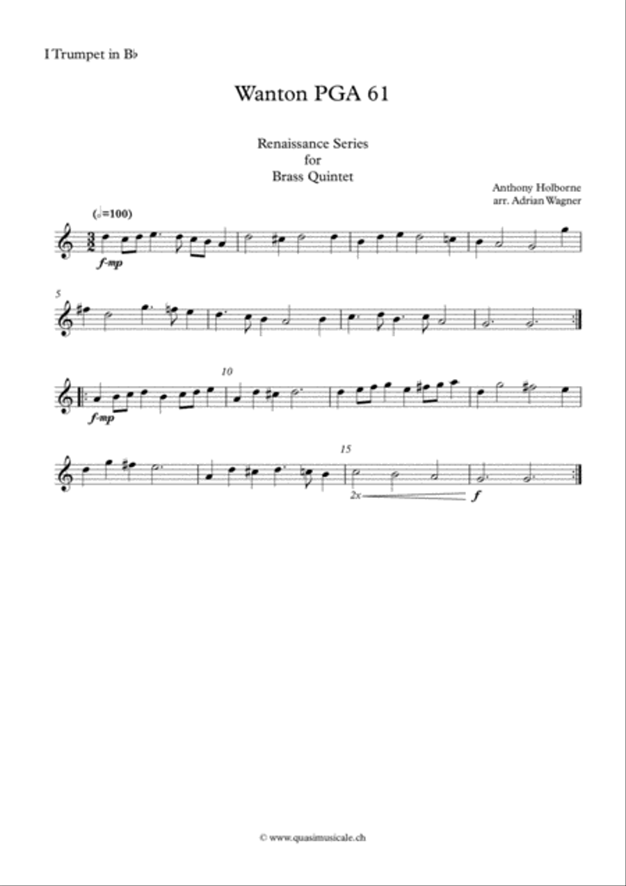 Wanton PGA 61 (Anthony Holborne) Brass Quintet arr. Adrian Wagner Brass Quintet scores gallery preview page 4