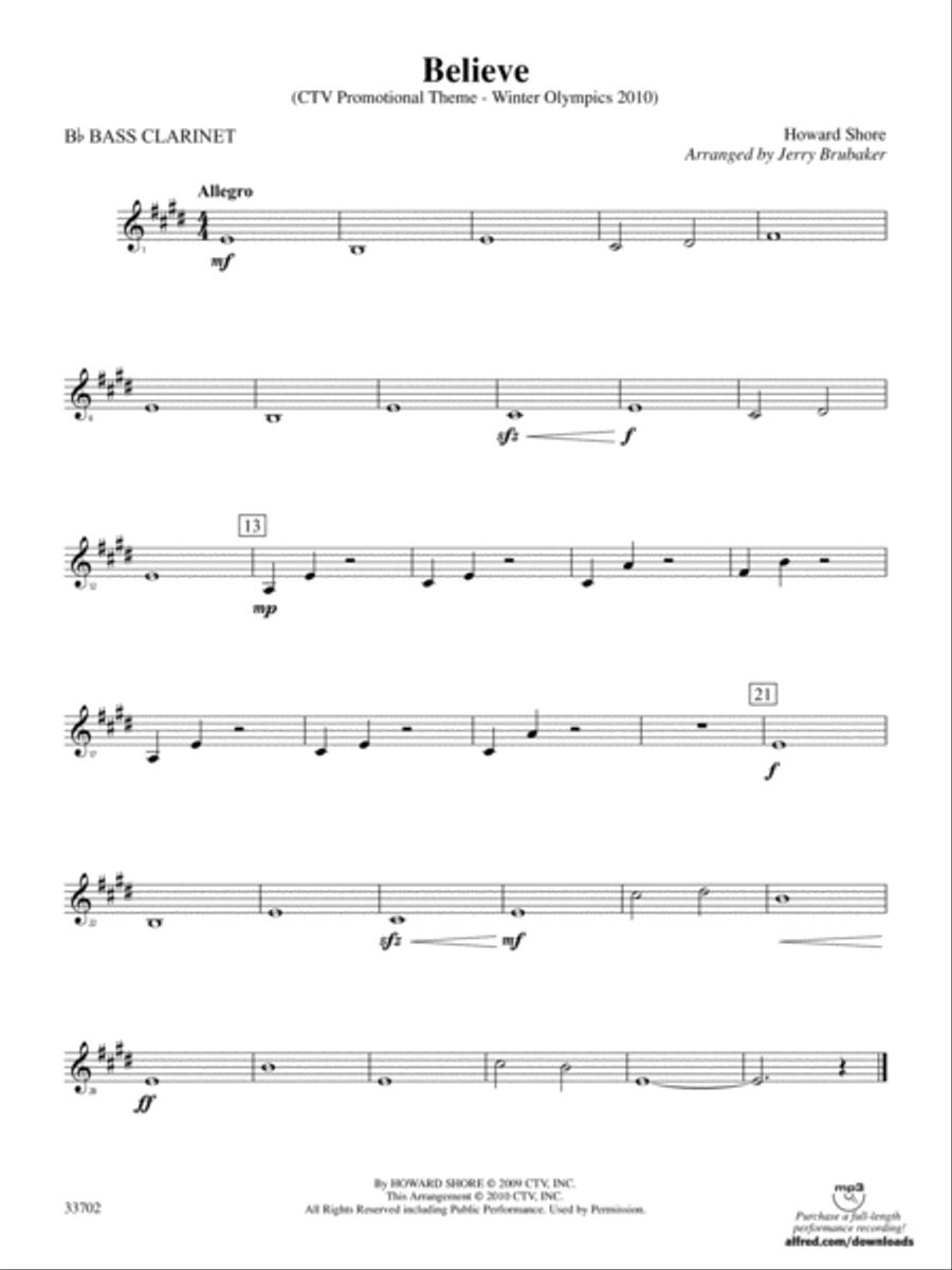 Believe (Winter Olympics 2010): B-flat Bass Clarinet Full Orchestra scores gallery preview page 1